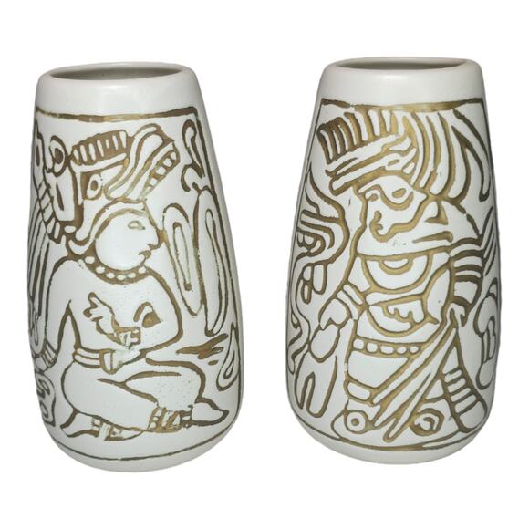 Vintage Mid-Century Mayan Aztec Native Design Vase Pair Cream Gold USA Made - Picture 15 of 16